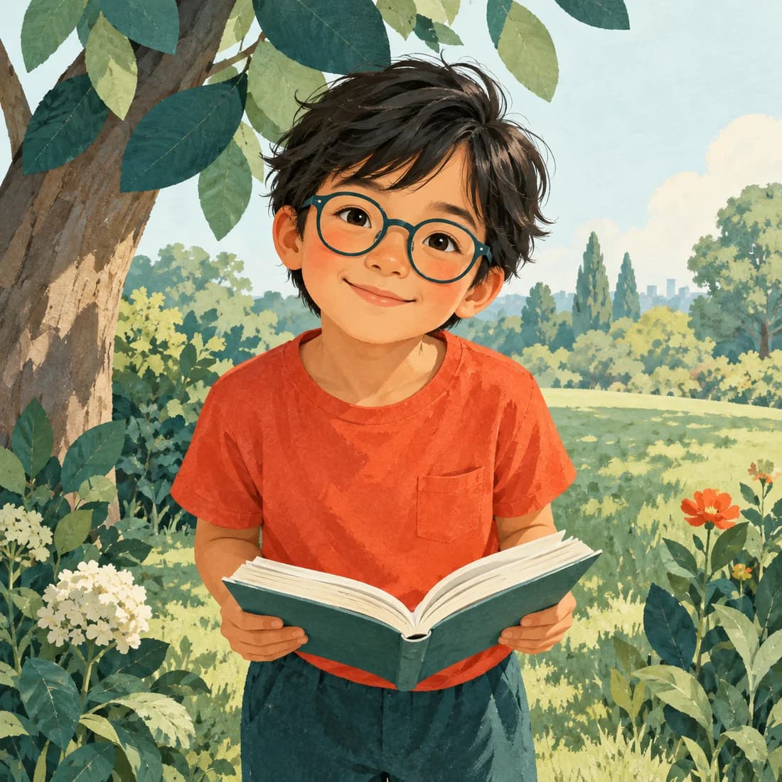 Illustration of a child wearing glasses and holding a book in a leafy park